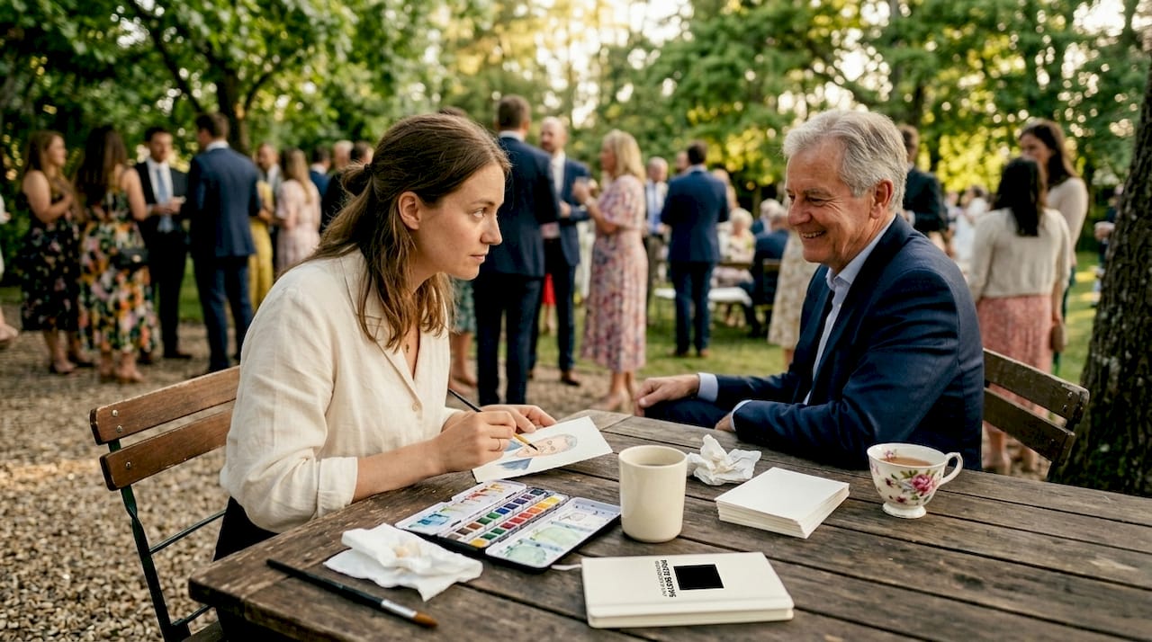 Artist painting watercolor portrait at busy event