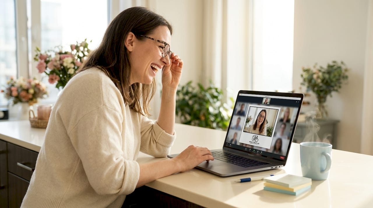 Woman joining a virtual photo booth from home