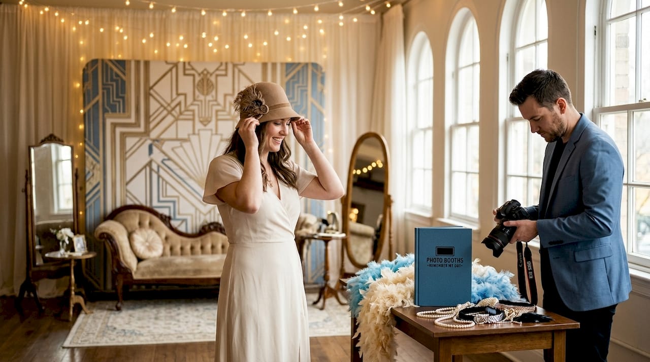 Woman at 1920s themed photo booth event