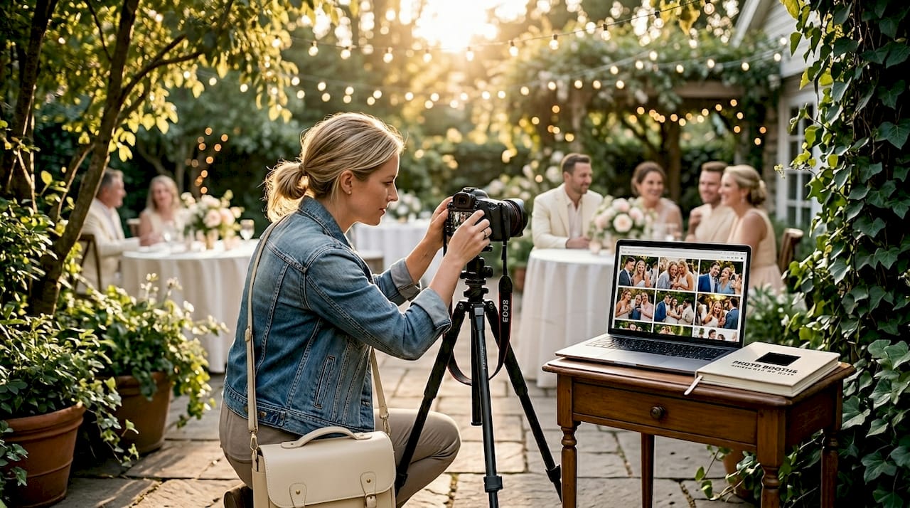 Photographer adjusting camera at event venue