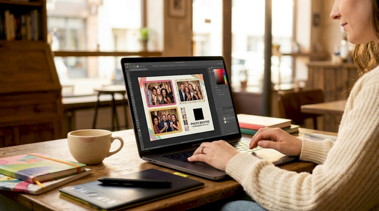 Designer working on photo booth template on computer