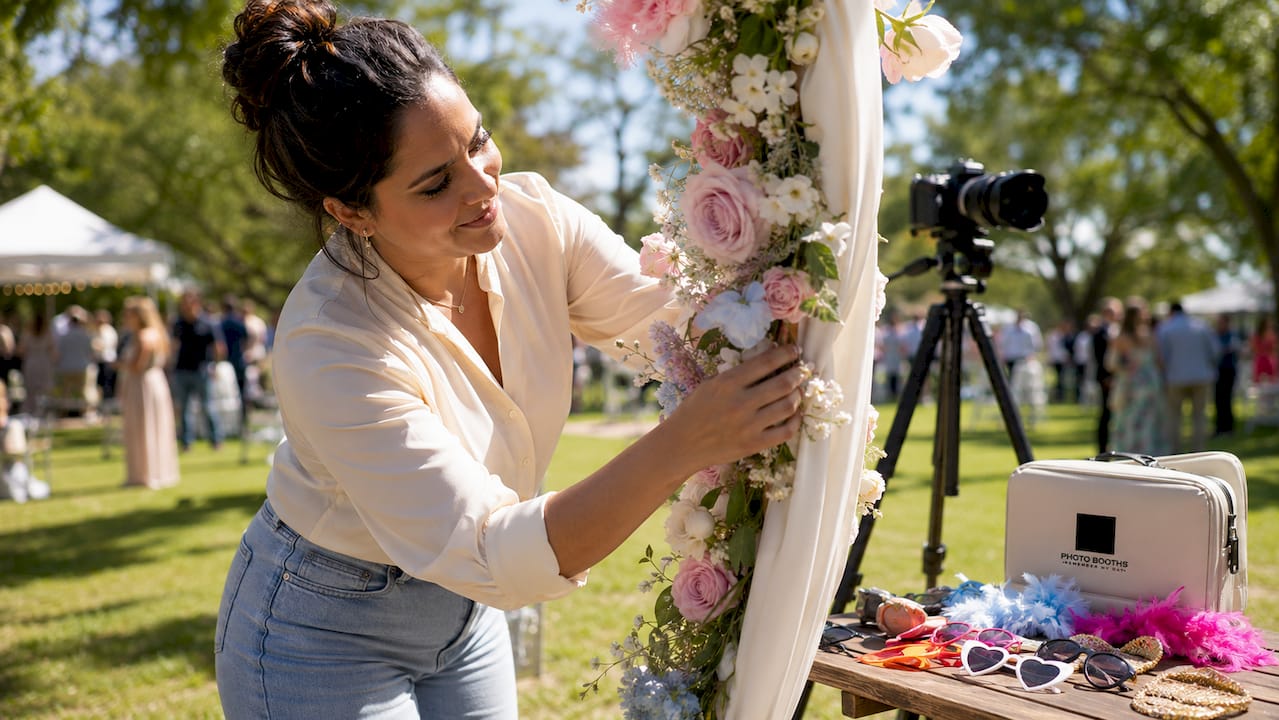 Wedding photo booth being set up in garden