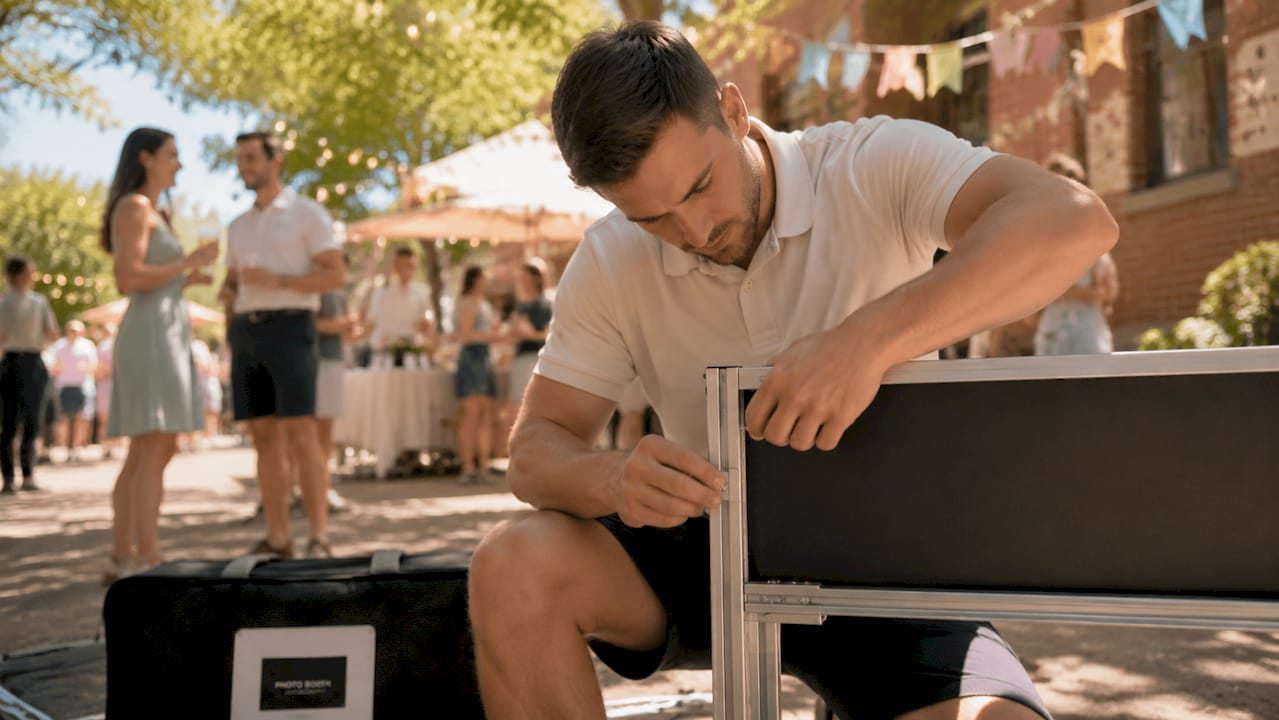 Technician assembling portable photo booth indoors