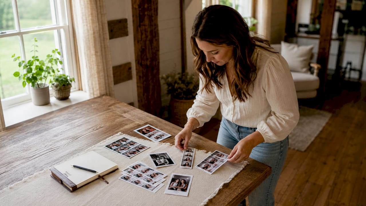 Event planner examining photo booth print samples