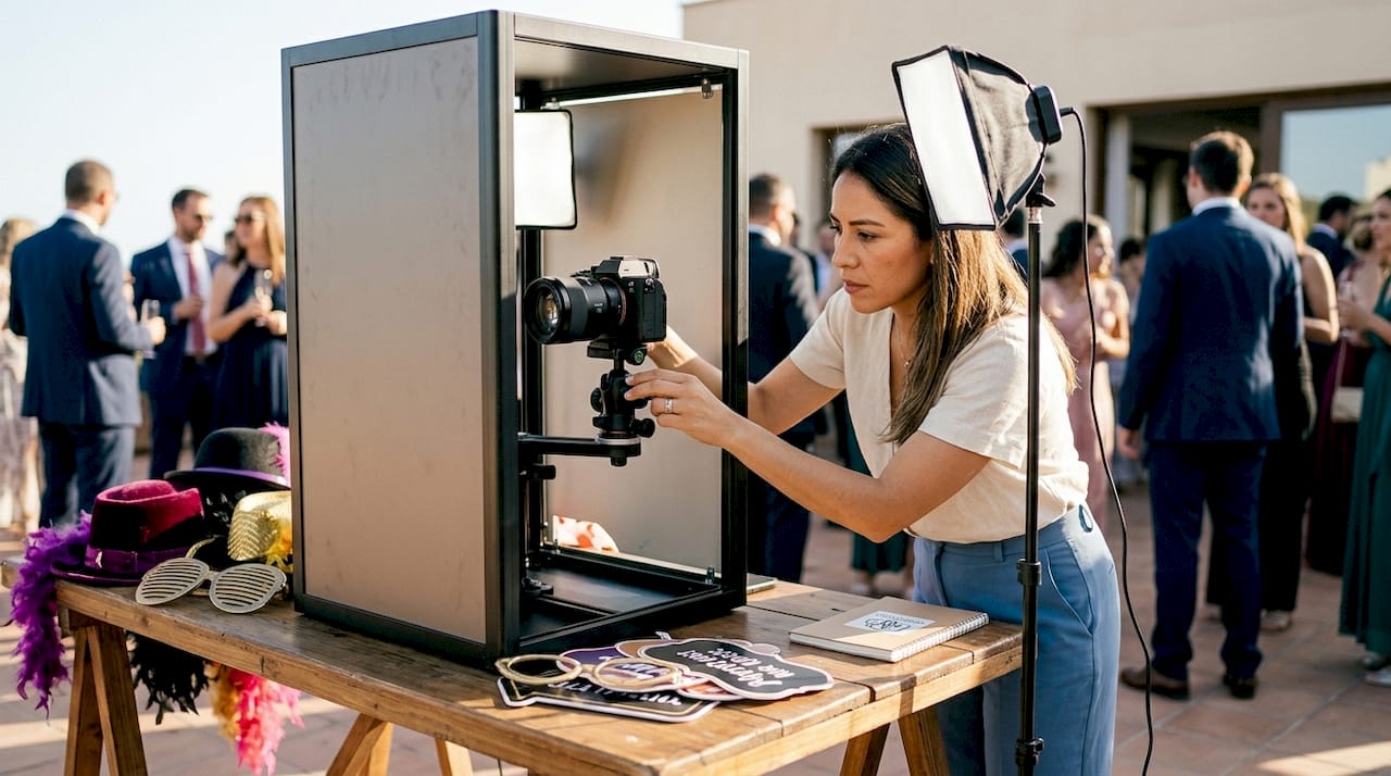 Event coordinator setting up premium photo booth