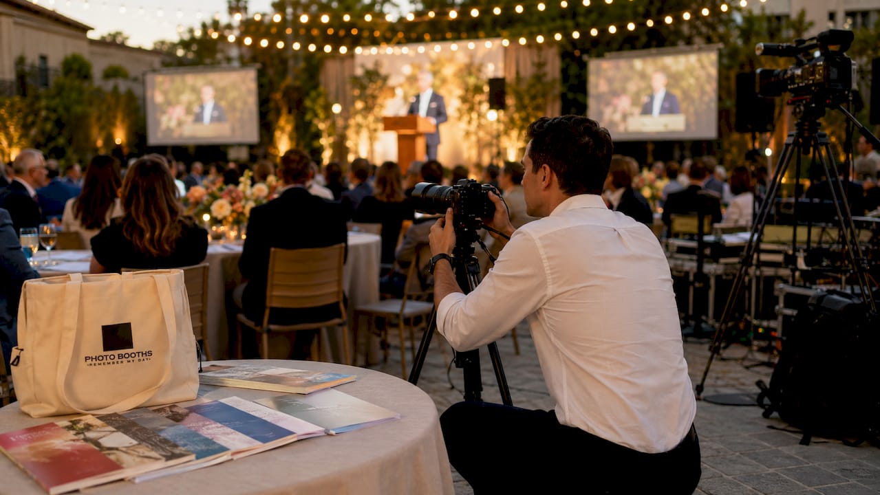 Photographer capturing hybrid event with live and virtual elements