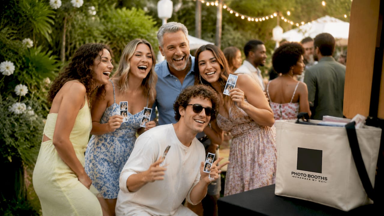 Guests enjoying photo booth at lively party