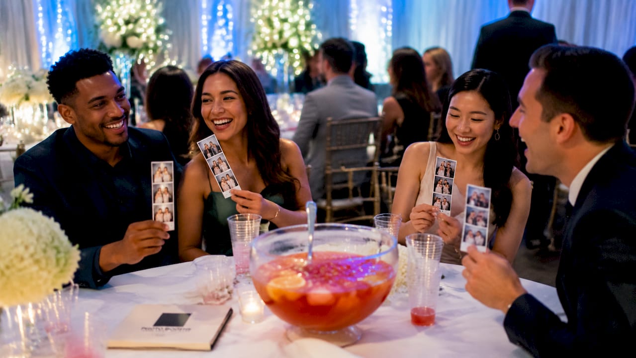 Group of guests enjoying interactive party photos
