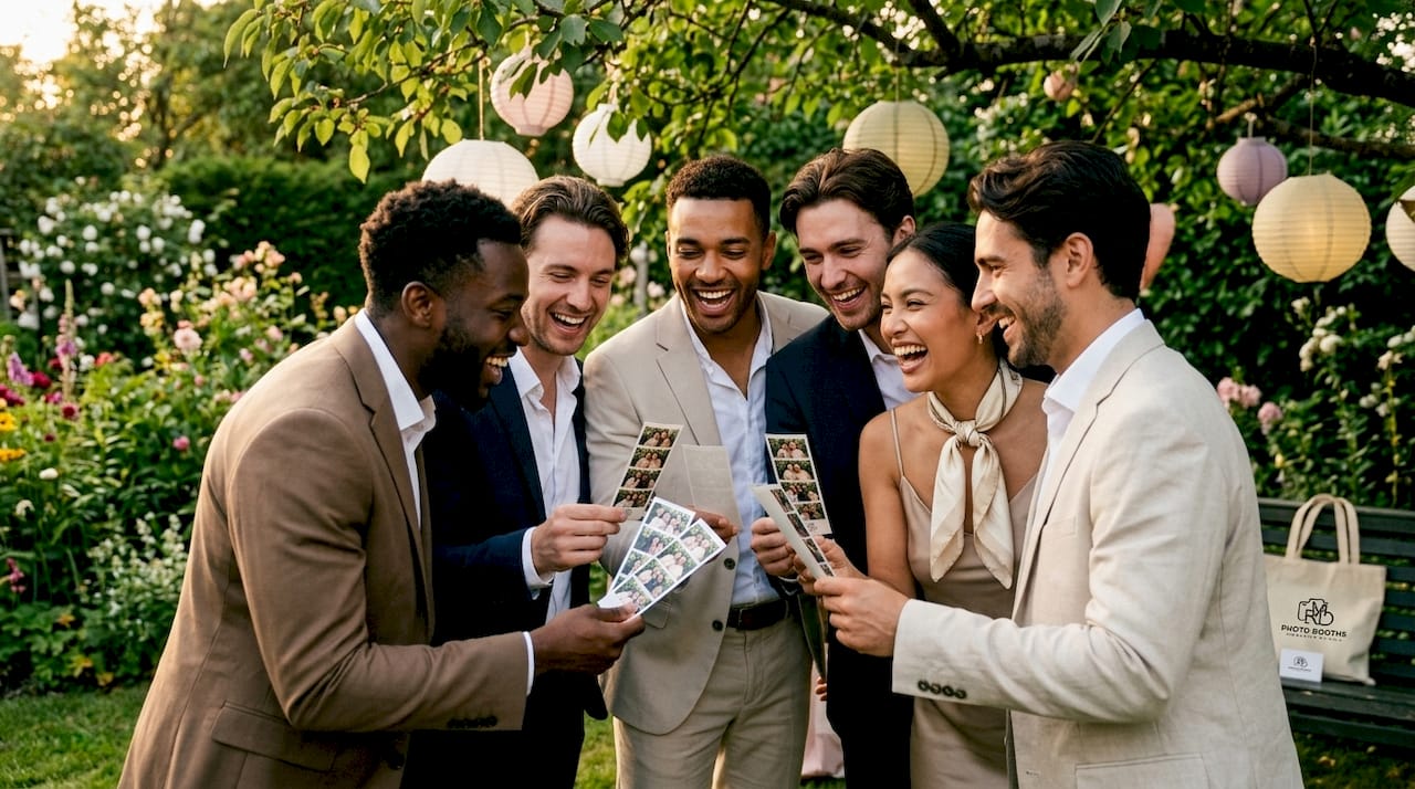 Guests smiling holding photo strips at party