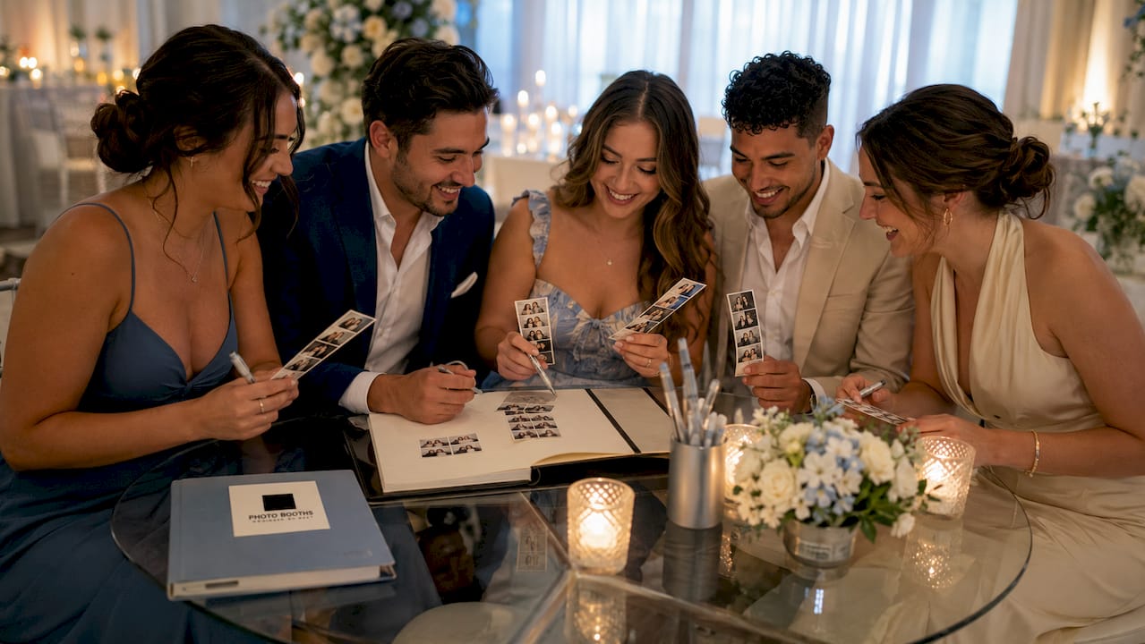 Guests signing photo guestbook at party