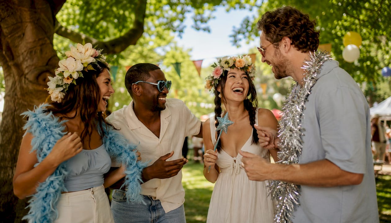 Group of diverse guests enjoying party props