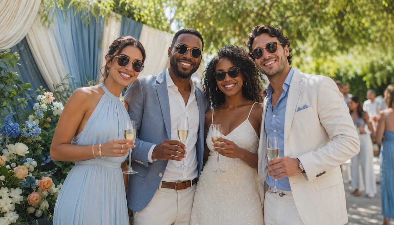 Guests posing at party photo backdrop