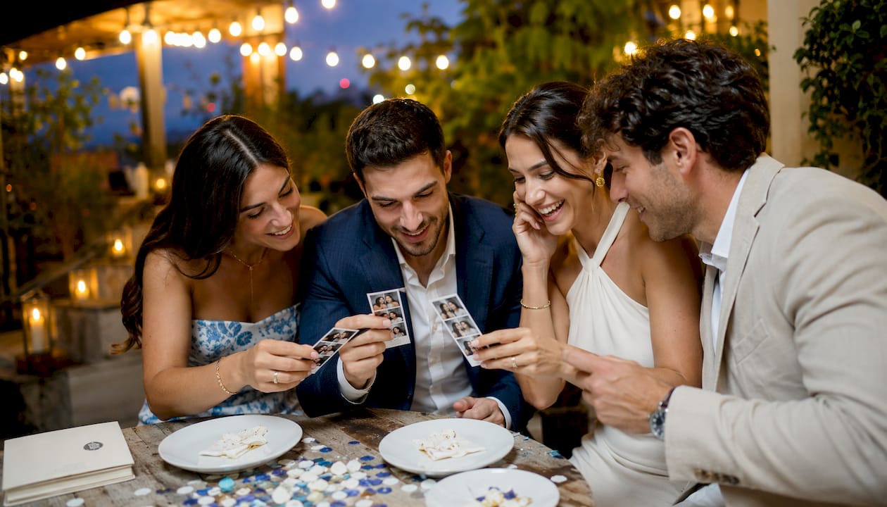 Guests examining photo booth strips outdoors at party