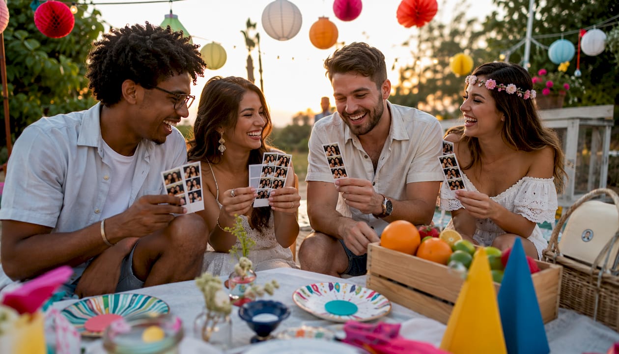 Guests holding photo booth prints, smiling at party