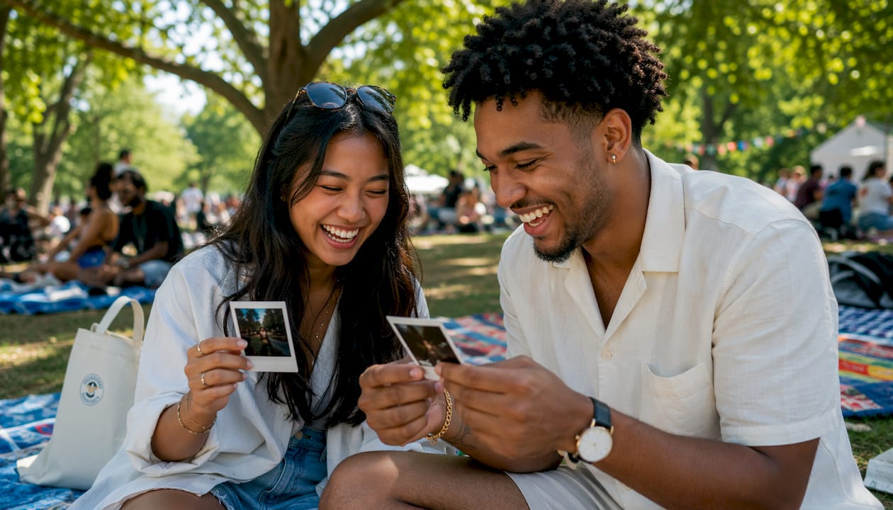 Young adults socializing with instant prints
