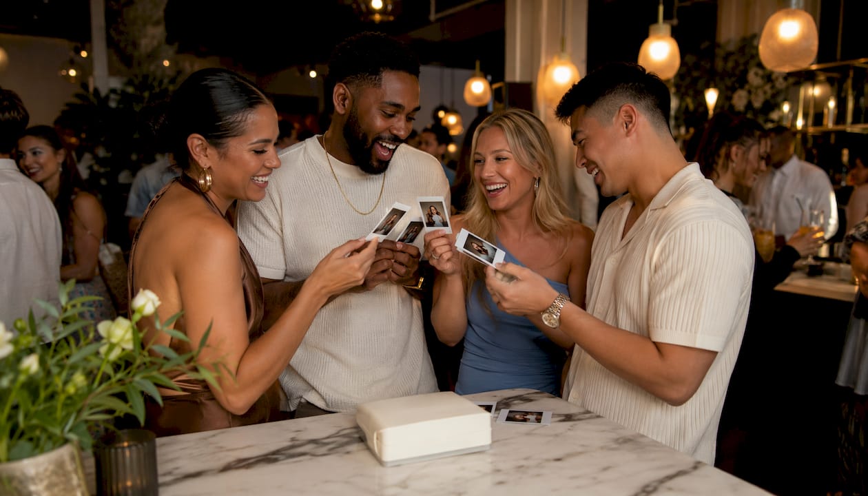 Guests smiling with instant photo prints at party