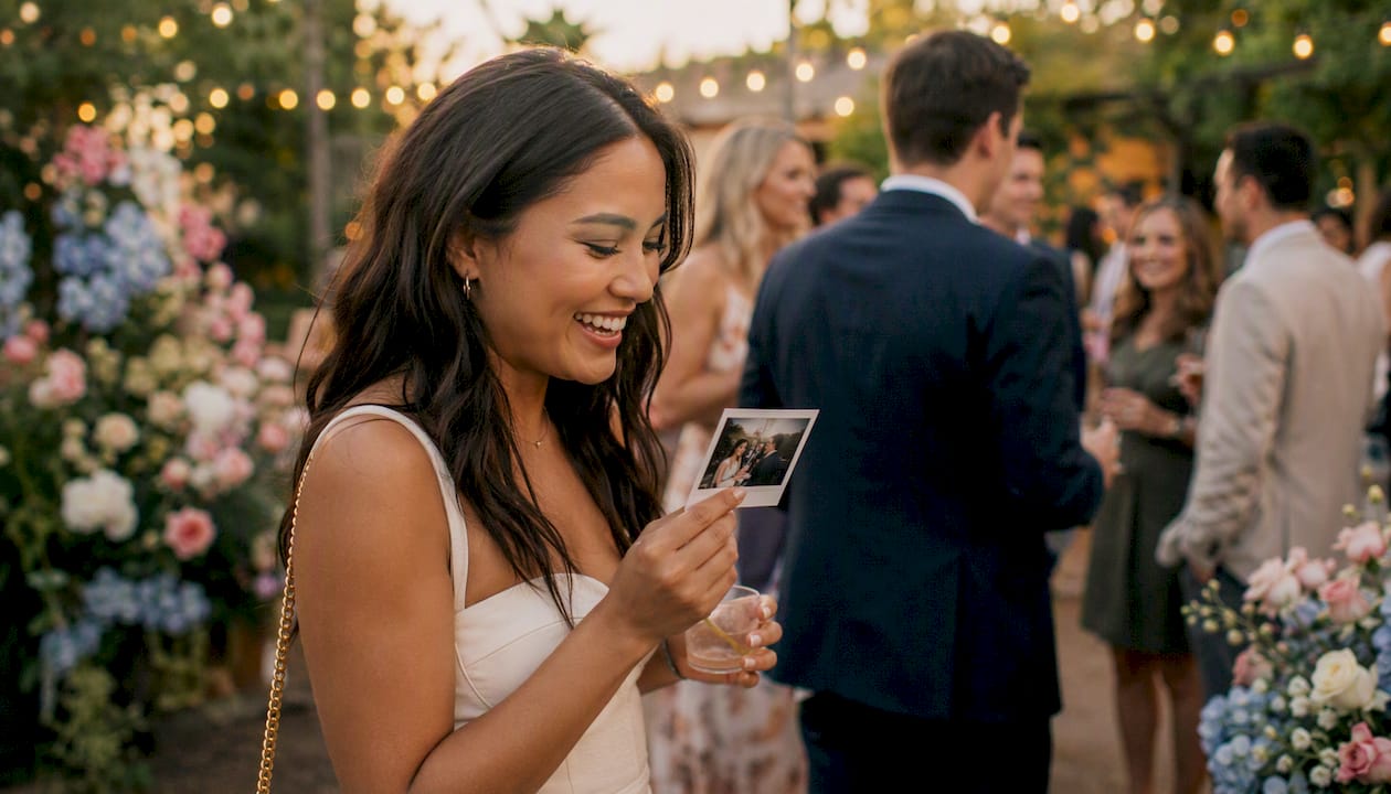 Young woman holding instant print at party