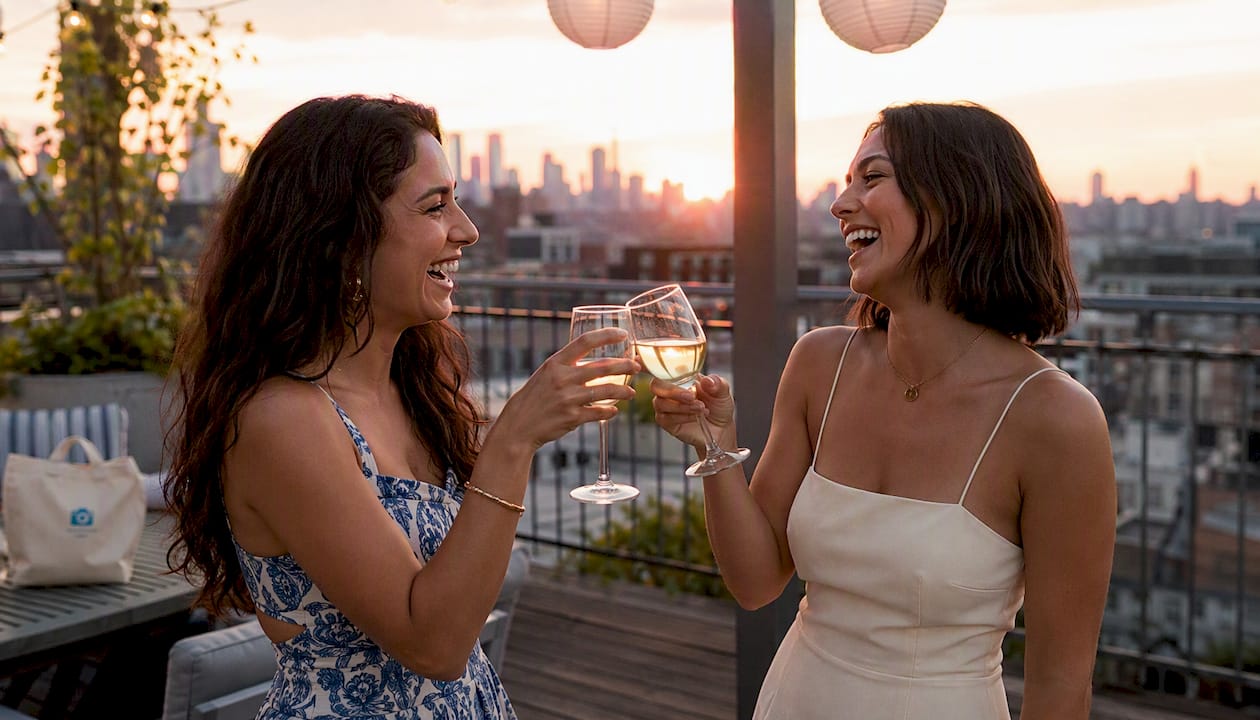 Two guests toasting at a social event
