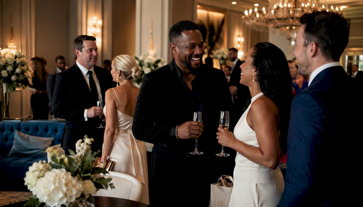 Guests mingling at a rooftop VIP party