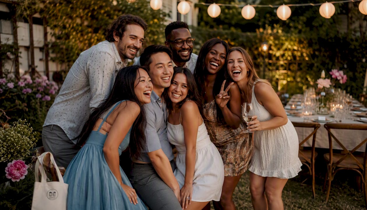 Guests happily posing at party event