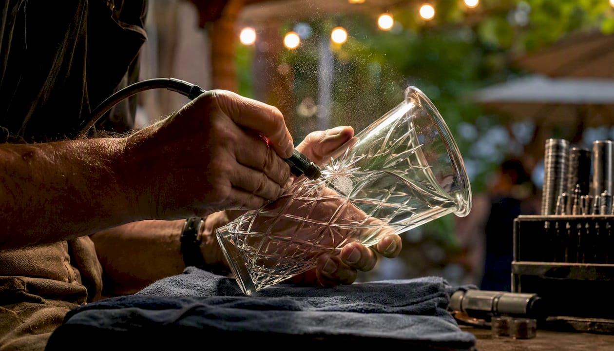 Hands engraving personalized wedding glass keepsake