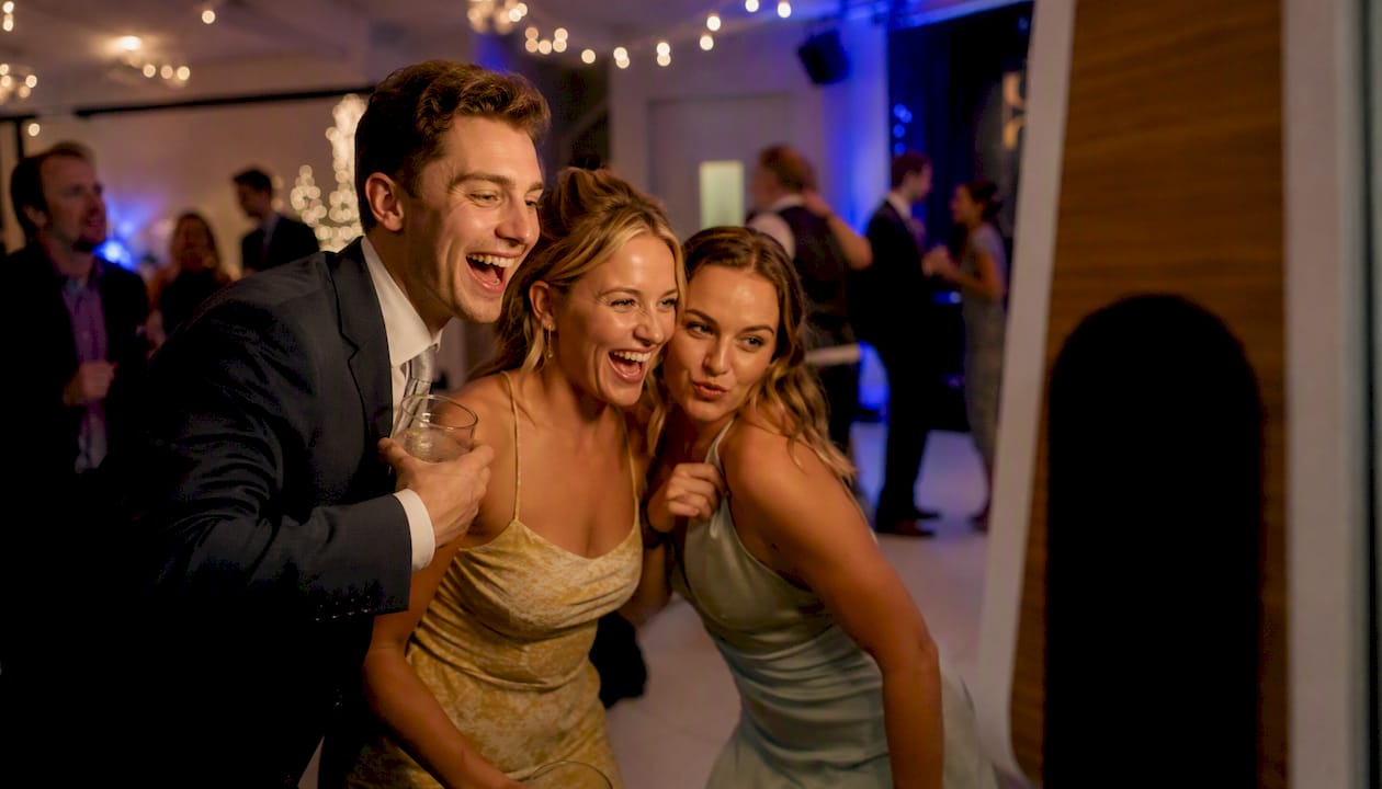 Guests interacting with photo booth near dance floor