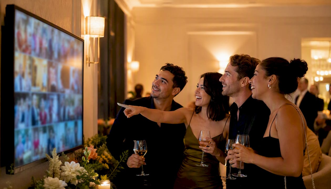 Guests clustered around live photo sharing display