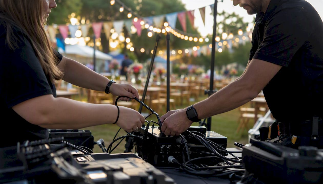 Hands of event staff setting up stage equipment