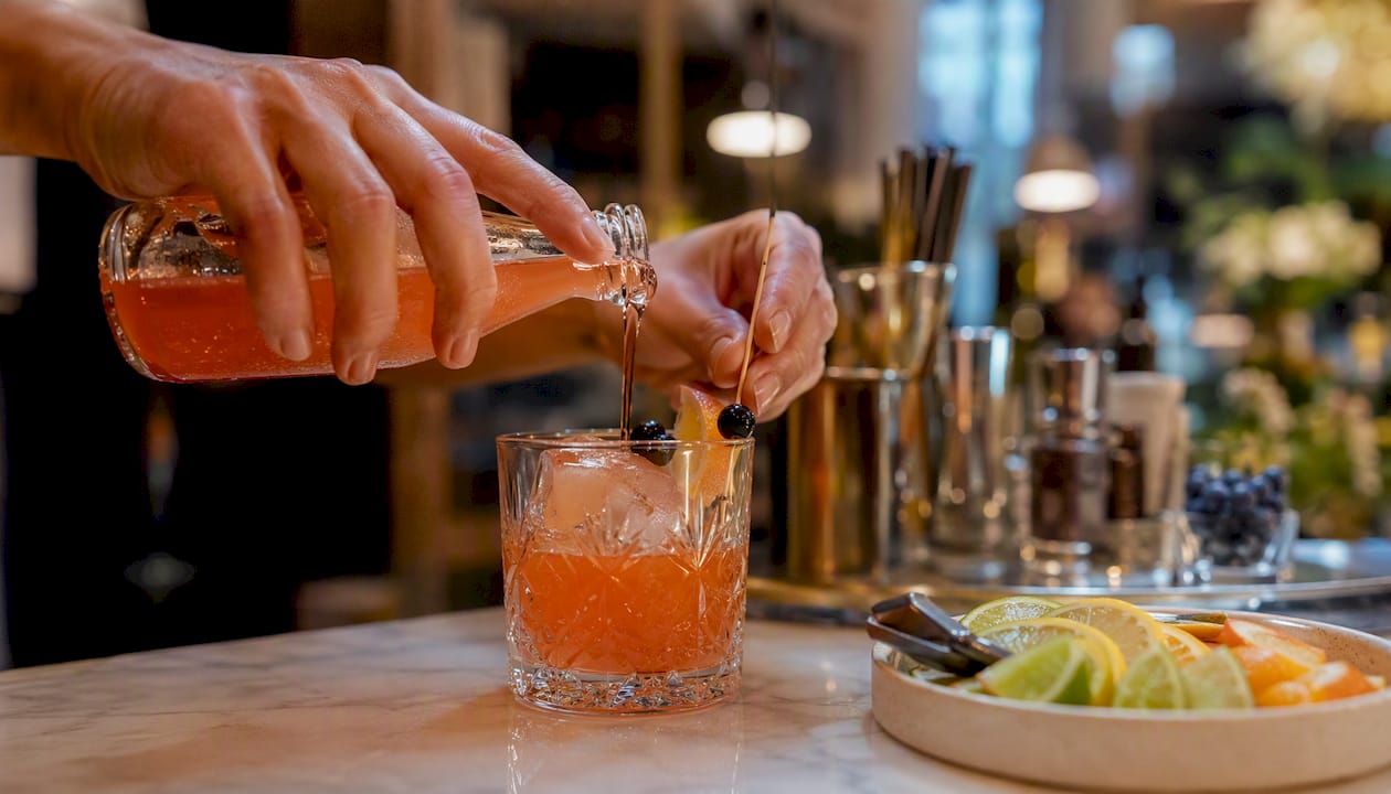 Hands making cocktail at event station