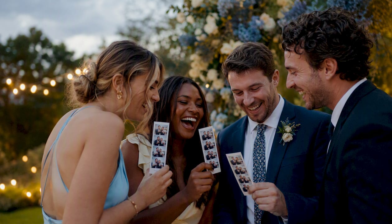Guests happily holding photo booth prints