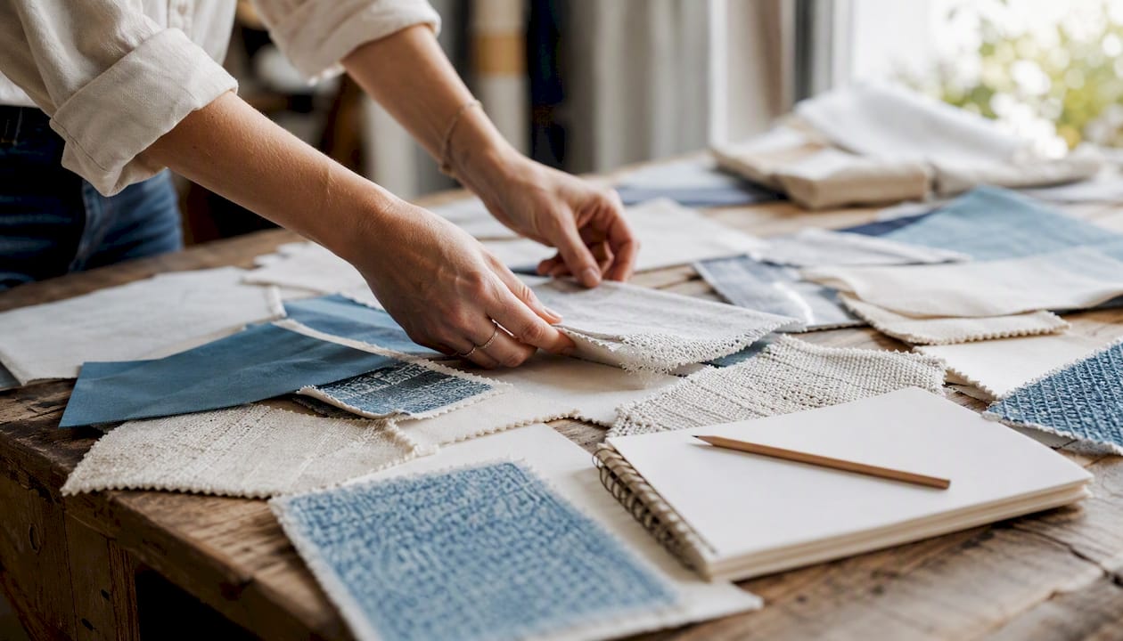 Hands arranging event design mood board materials