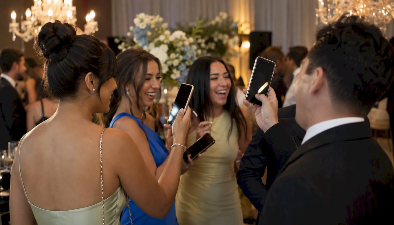 Guests sharing photo booth pictures on smartphones