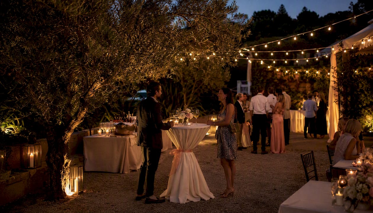 Warmly lit elegant event room setting